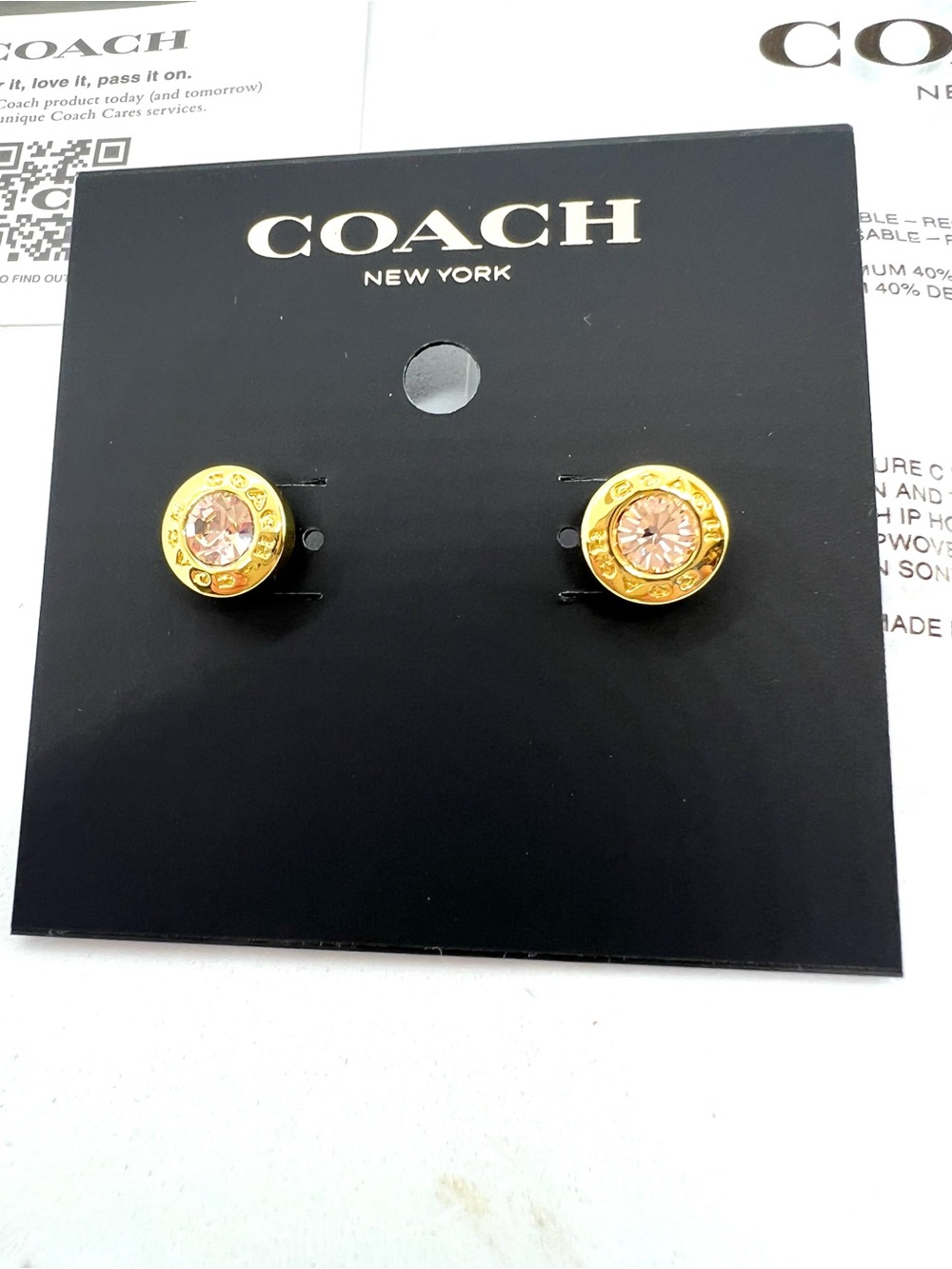 COACH NWT F54516 Gold Open Circle Pink Crystal Stud Earrings $68 - Picture 2 of 6
